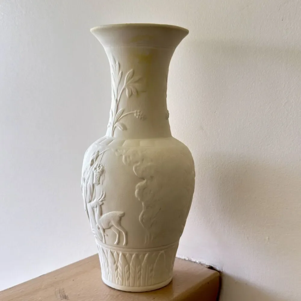 Vintage Handmade Unglazed Posy Vase Hand Carved Pottery Off White10 Inches